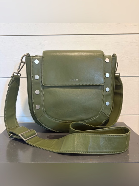 Hammitt Handbags - Hammitt Olive Leather Saddle Shoulder Bag with Silver Studs